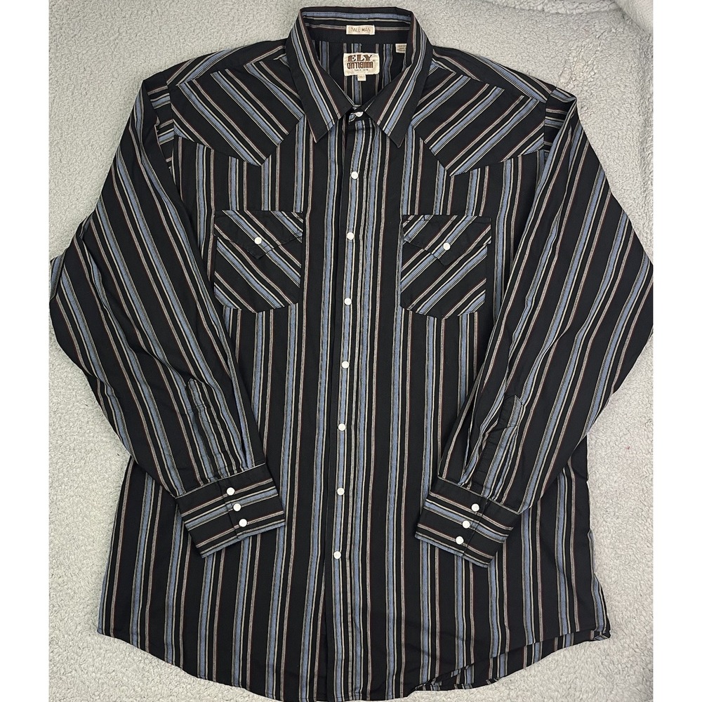 Ely Cattleman Mens 2XLT Black Striped Long Sleeve Pearl Snap Western Shirt‎
